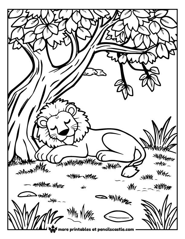 lion resting under a tree coloring page