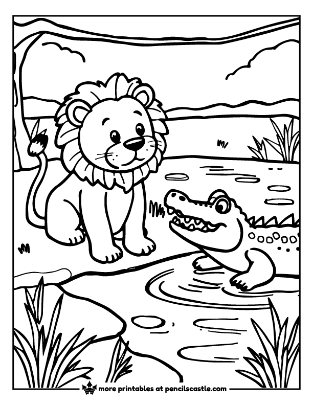 lion and a crocodile meeting near the water coloring page