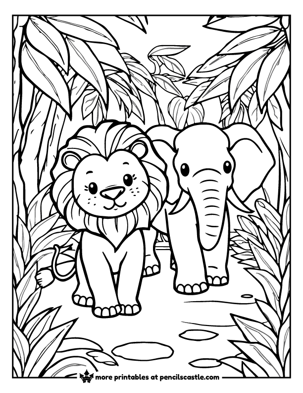 lion and elephant strolling through the jungle coloring page