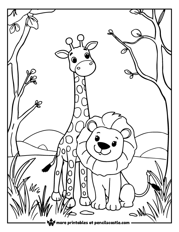 lion with a giraffe in the jungle coloring page