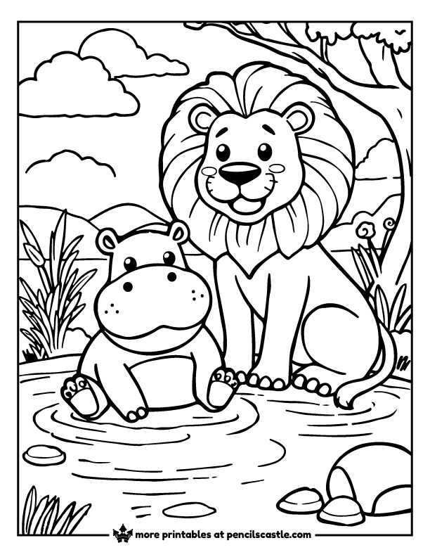 lion and hippo relaxing by the river printable sheet