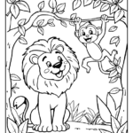 lion watching a monkey swinging on vines coloring sheet