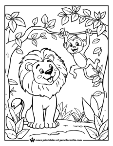 lion watching a monkey swinging on vines coloring sheet