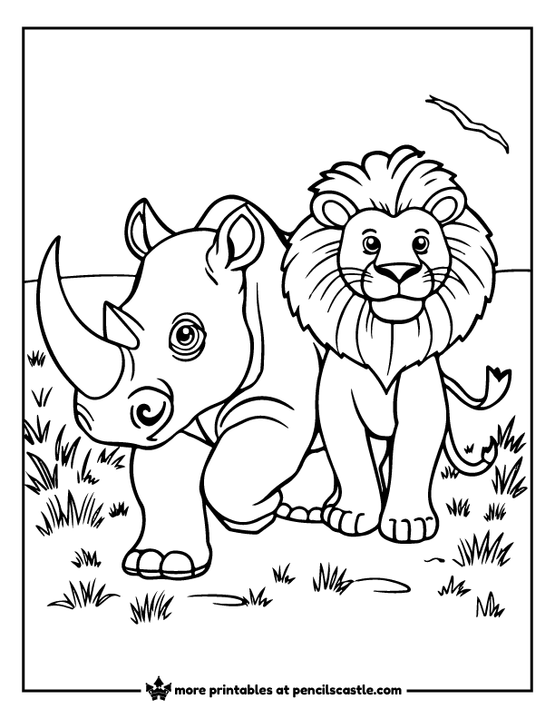  lion and a rhino walking side by side coloring sheet