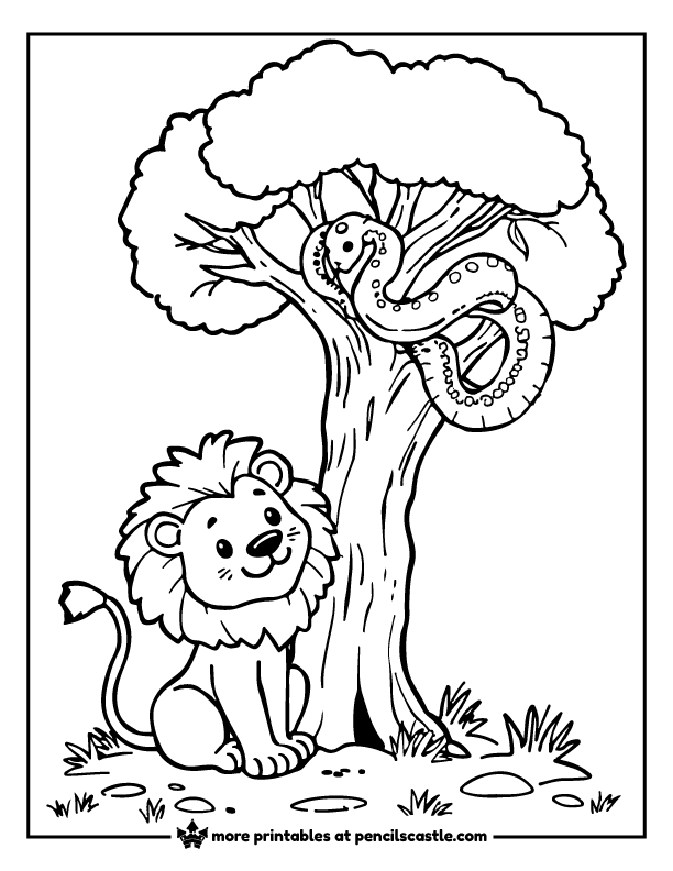 lion watching a snake curling around a tree coloring page