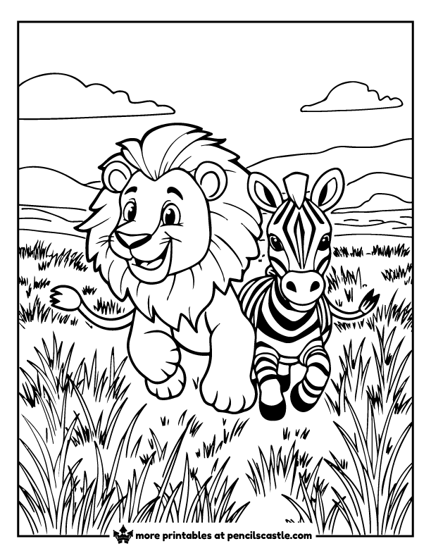 lion and zebra running through the grasslands coloring page