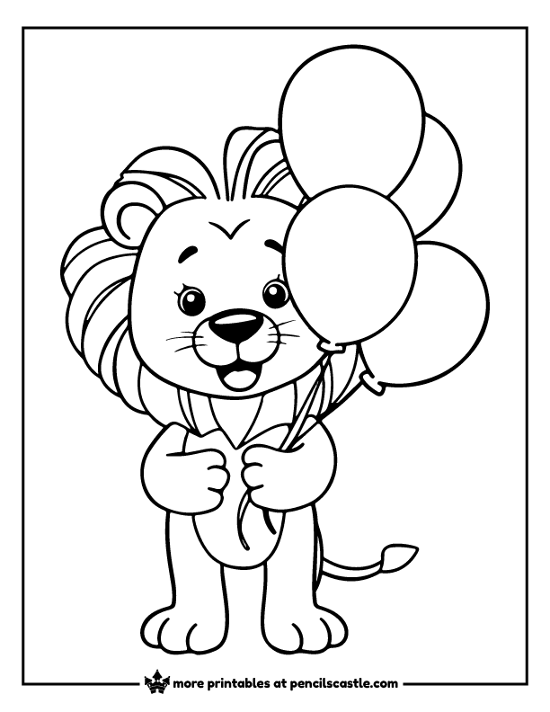 cute lion holding balloons coloring page