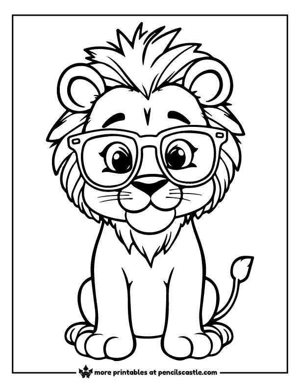 lion wearing oversized, silly glasses coloring sheet