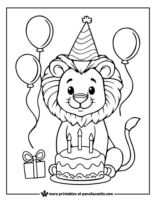 lion in a birthday party hat with balloons and a cake coloring page