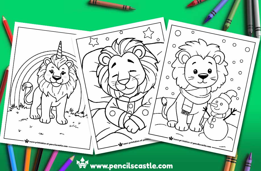 three lion coloring pages with pencils and crayons on a green background