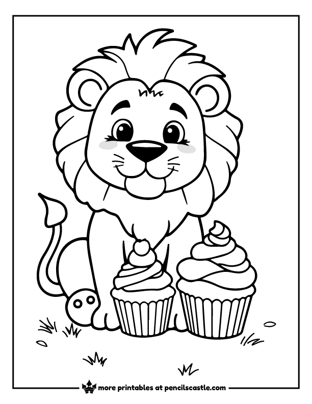 lion enjoying a yummy cupcake snack coloring page