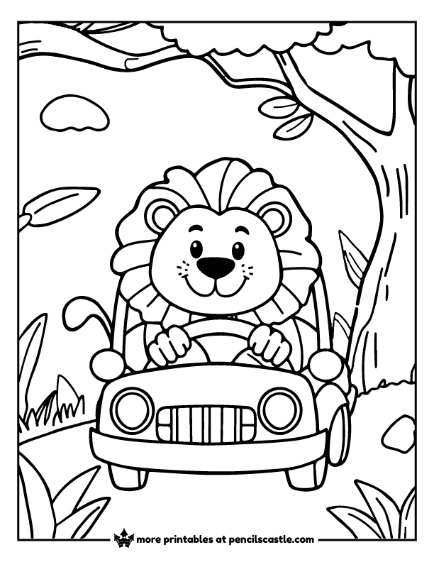 lion driving a car in the jungle coloring page