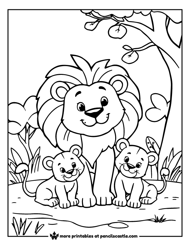 lion with cubs in the jungle coloring page