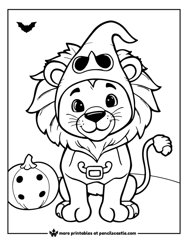 spooky lion in a Halloween costume with a pumpkin coloring sheet