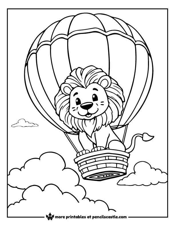 lion floating through the sky on a hot air balloon coloring sheet