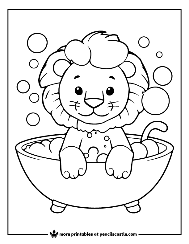 lion in a bathtub with soap bubbles coloring sheet