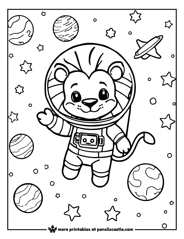 lion in a space suit, floating among the stars and planets coloring page