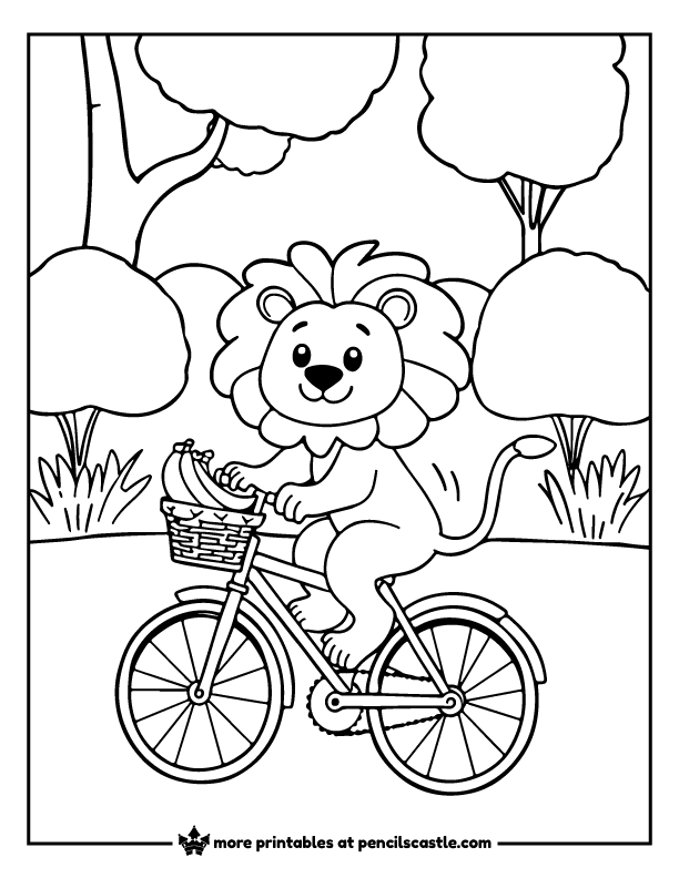 lion riding a bike with a basket of food coloring sheet