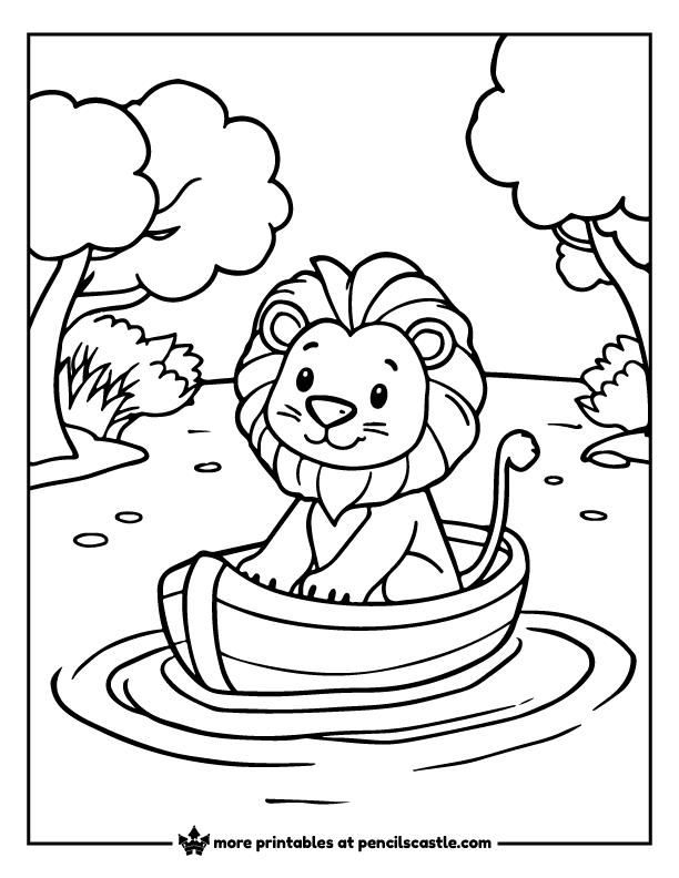 lion sailing down a river in a boat coloring page