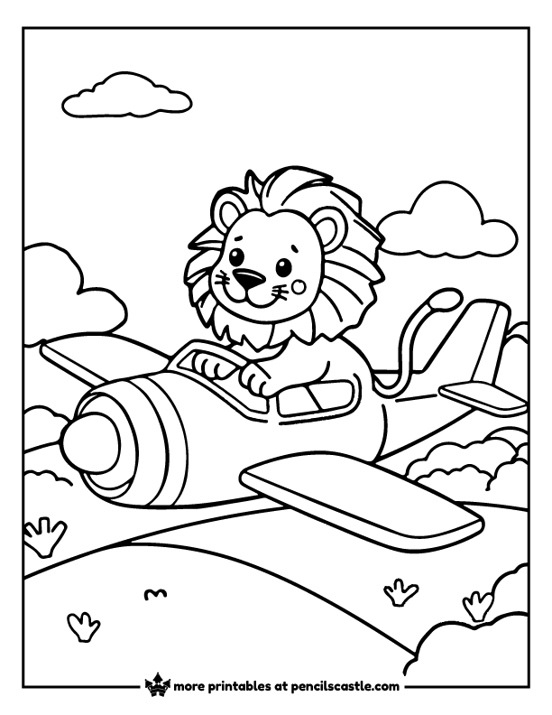 lion pilot flying an airplane through the clouds coloring page