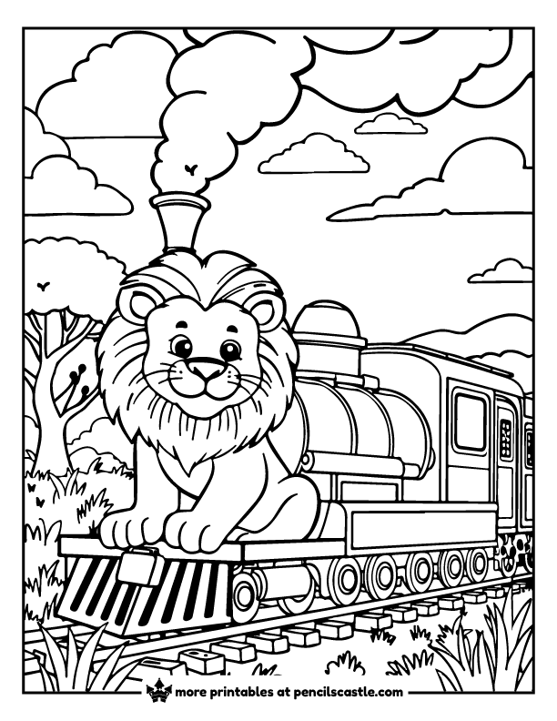 lion enjoying a train ride through the savanna coloring sheet