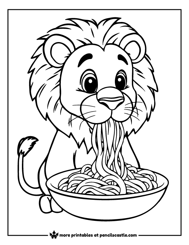 lion slurping long spaghetti noodles coloring sheet