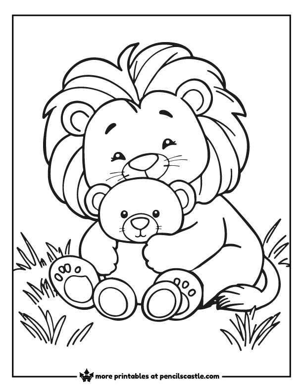 lion cuddling a teddy bear coloring page