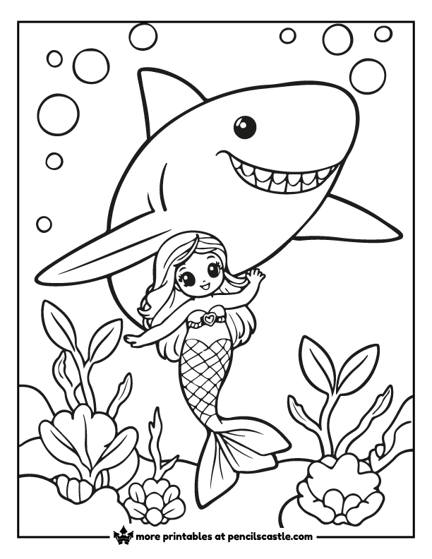 shark swimming with a mermaid friend coloring page