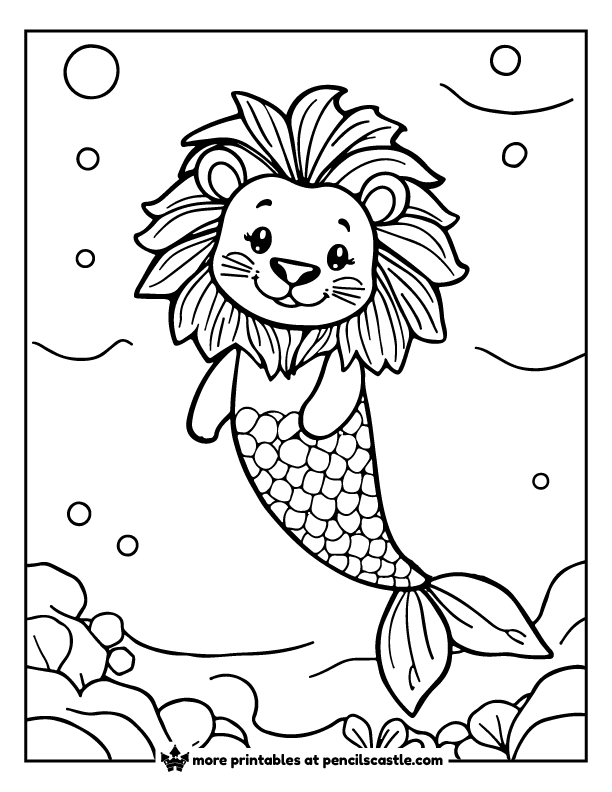 lion with a mermaid tail swimming in the ocean coloring page