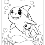 mommy shark swimming with her baby coloring page