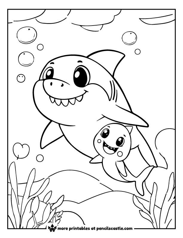 mommy shark swimming with her baby coloring page