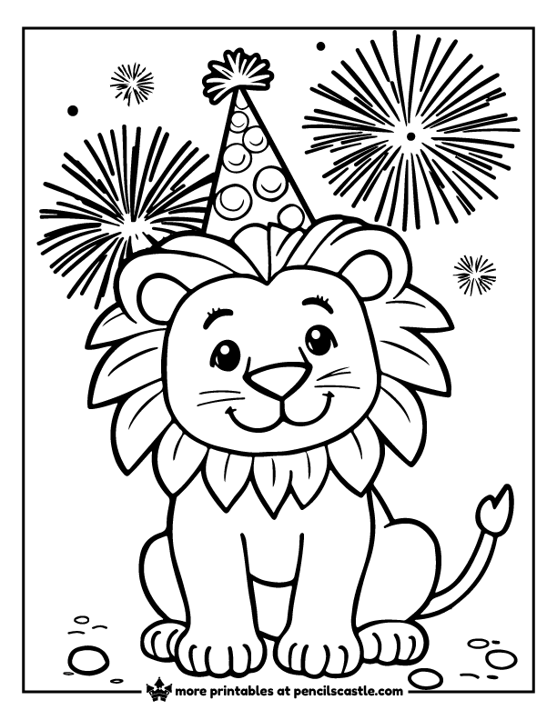 lion celebrating the new year with fireworks coloring sheet