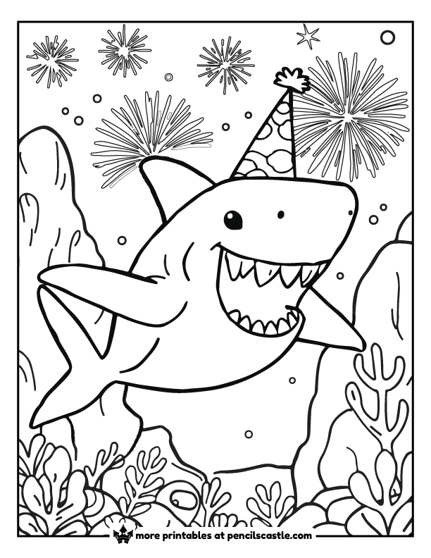 shark in a party hat celebrating new year with fireworks coloring sheet