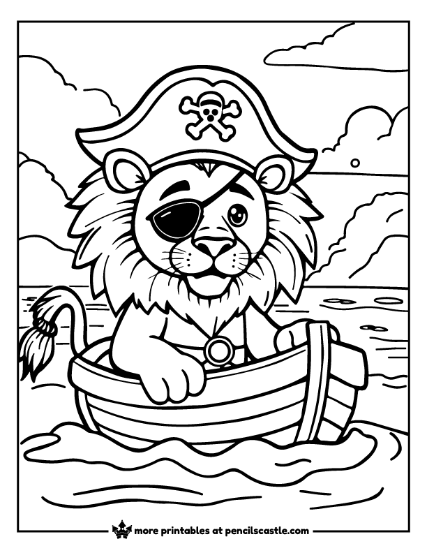 pirate lion with an eye patch, sailing on a treasure hunt coloring page