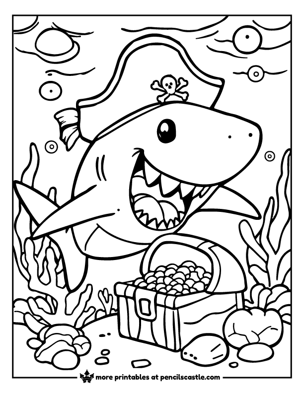 shark wearing a pirate hat with a treasure chest coloring page