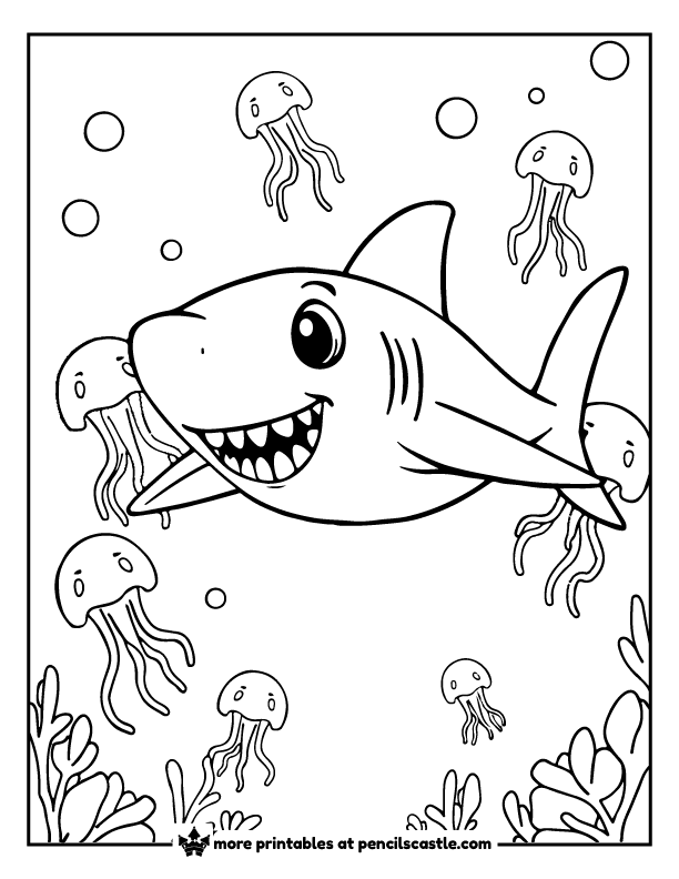 shark surrounded by jellyfish coloring page