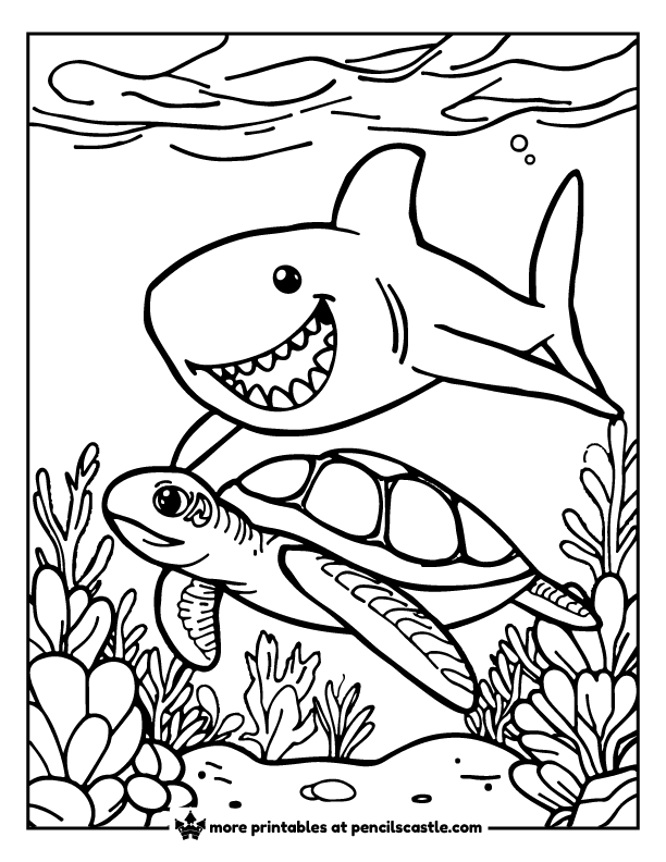 shark swimming with a sea turtle coloring page