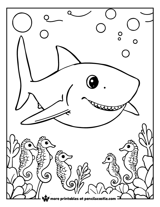 shark swimming beside seahorses coloring sheet