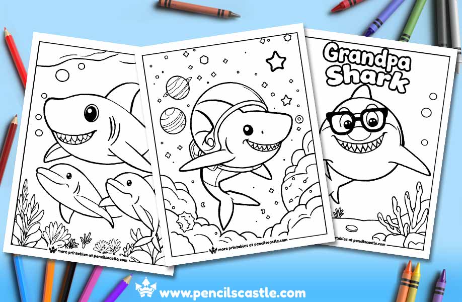 three shark coloring pages with pencils and crayons on a blue background