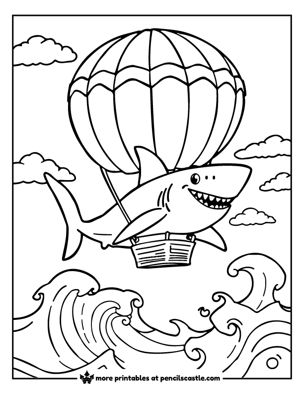 shark on a hot air balloon floating over the ocean waves coloring page