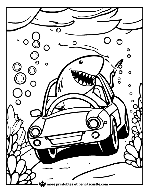 shark driving a car under the sea coloring page