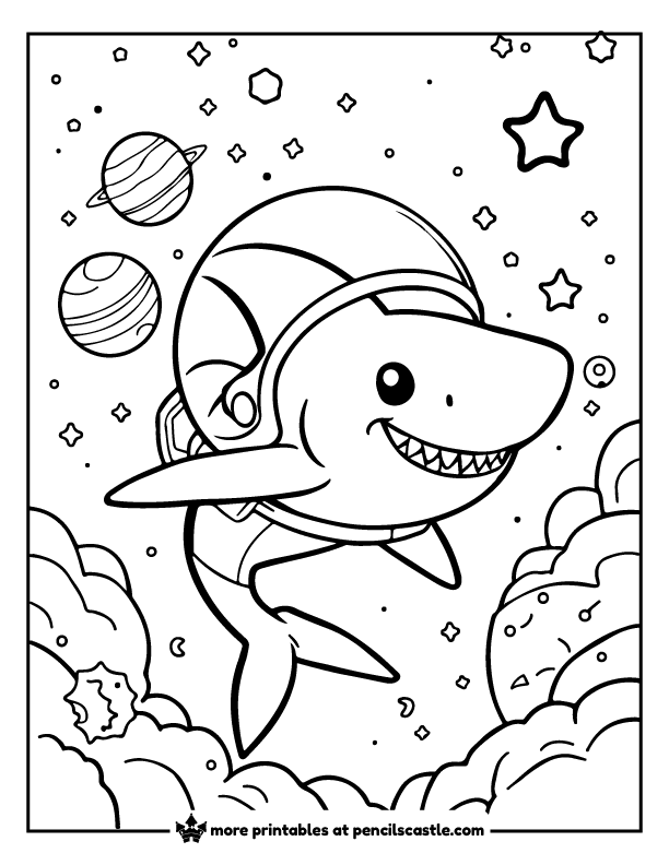 shark in a space helmet floating among the planets and stars coloring page