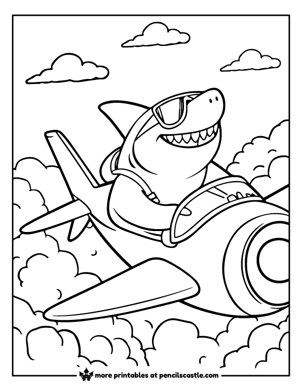 shark pilot in a plane with clouds coloring page