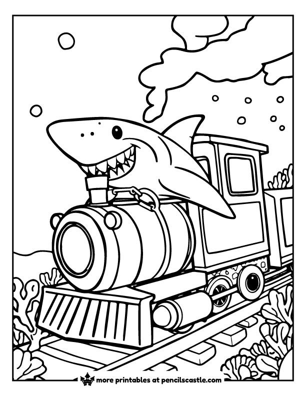 shark riding a steam train under the ocean coloring sheet