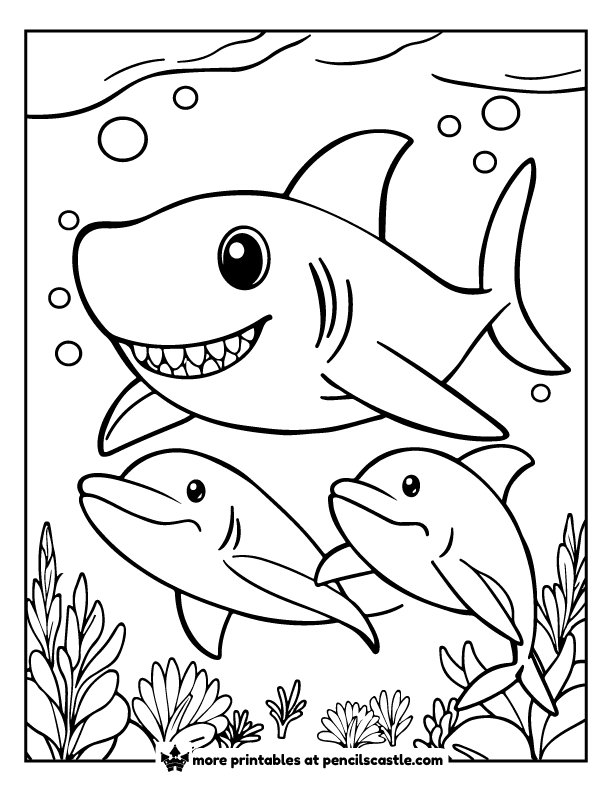 shark swimming with dolphins coloring sheet