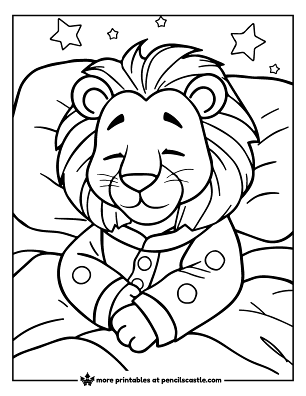 sleeping lion in pajamas coloring page