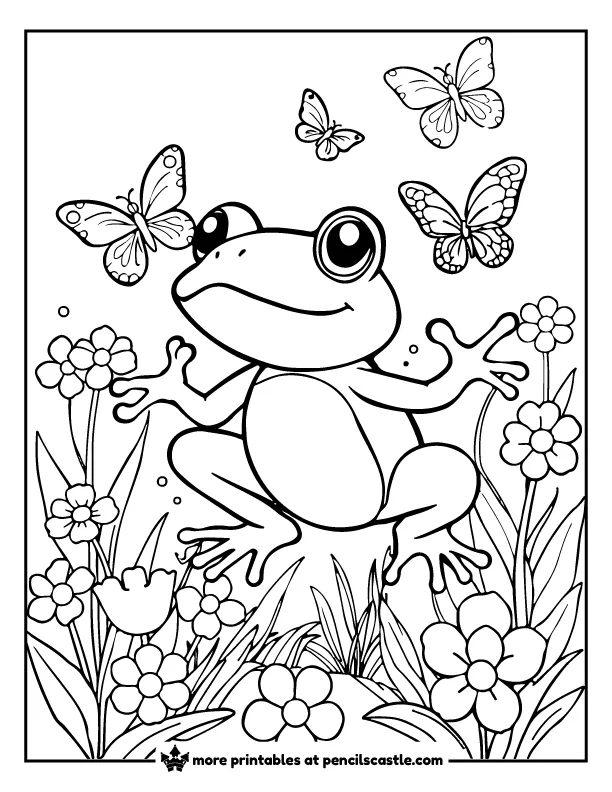 frog hopping through blooming flowers and butterflies coloring page