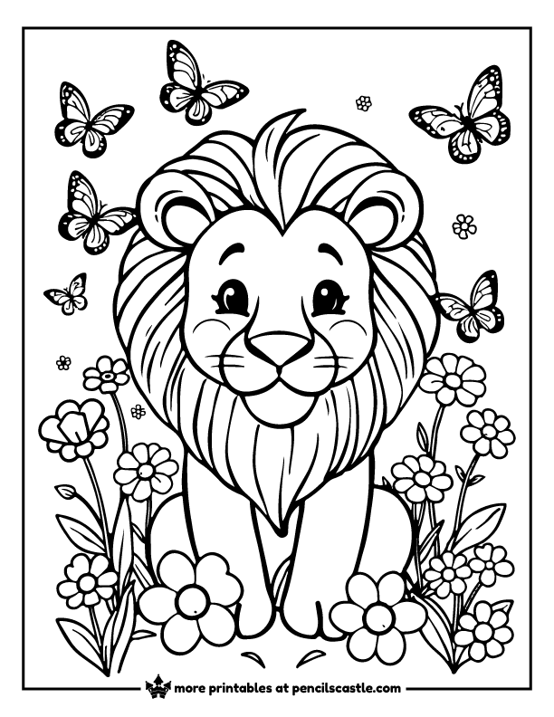 lion surrounded by blooming flowers and butterflies coloring sheet