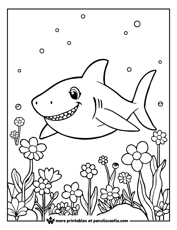 shark swimming among blooming spring flowers coloring page