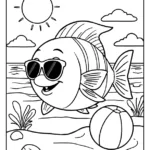 fish wearing sunglasses in a sunny summer beach with a beachball